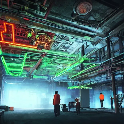 Image similar to epic scene of a large neon mechanical toad is being built by a team of people in a very creepy and dark warehouse, heaps of colored computer screens, glowing cables, dust, smoke, intricate details, ultra - realistic, 8 k, octane render, hyper realism