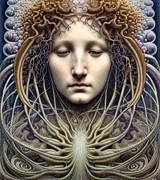 Prompt: detailed realistic beautiful tidepool goddess face portrait by jean delville, gustave dore, iris van herpen and marco mazzoni, art forms of nature by ernst haeckel, art nouveau, symbolist, visionary, gothic, neo - gothic, pre - raphaelite, fractal lace, intricate alien botanicals, ai biodiversity, surreality, hyperdetailed ultrasharp octane render