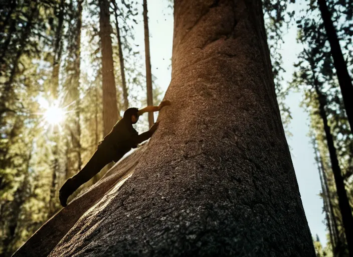 Image similar to a 2 8 mm macro wide angle photo of a man freeclimbing in yosemite national park, splash art, movie still, bokeh, canon 5 0 mm, cinematic lighting, dramatic, film, photography, golden hour, depth of field, award - winning, anamorphic lens flare, 8 k, hyper detailed, 3 5 mm film grain, hazy