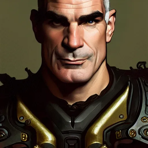 Image similar to full portrait of henry rollins as n overwatch character, fantasy, d & d, intricate, detailed, by by alphonse mucha, adolfo hohenstein, alice russell glenny, stanley artgerm lau, greg rutkowski, detailed, trending on artstation, trending on artstation, smooth