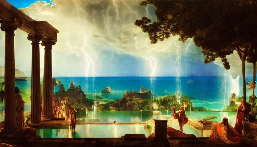 Image similar to From Inside the giant Palace, mediterranean balustrade and columns line, refracted sparkles, thunderstorm, greek pool, beach and Tropical vegetation on the background major arcana sky and occult symbols, by paul delaroche, hyperrealistic 4k uhd, award-winning, very detailed paradise