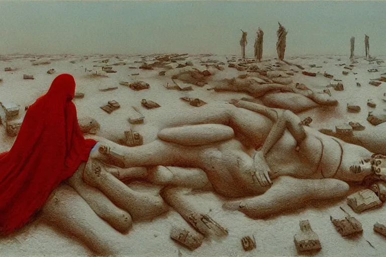 Image similar to a surrealist painting of a lonely woman with pale skin and red hair, standing over pile of bodies in post apocalyptic snowy landscape, painted by zdzisław beksinski