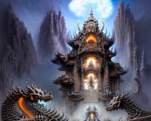 Image similar to street view of a temple made of dragon skulls and bones, fantasy landscape made of fractals facing each other, ultra realistic, wide angle, intricate details, the fifth element artifacts, highly detailed by peter mohrbacher, hajime sorayama, wayne barlowe, boris vallejo, aaron horkey, gaston bussiere, craig mullins