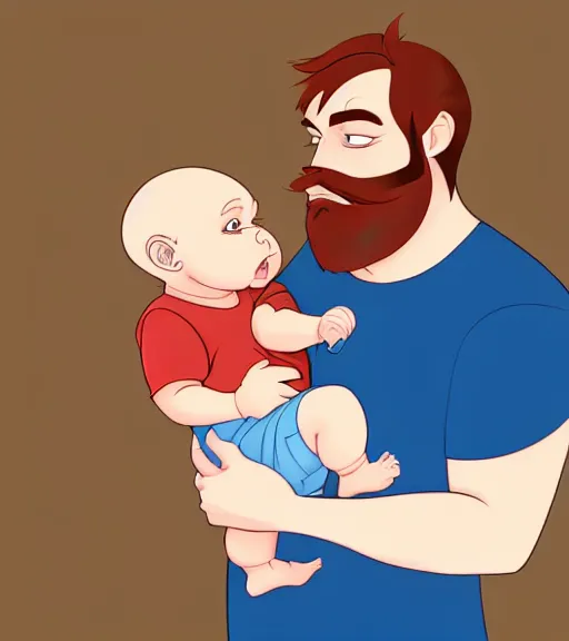 Image similar to a father with short red hair, a short red beard and blue eyes and a chubby face hold his infant baby boy with bald brown hair full color digital illustration in the style of don bluth, artgerm, artstation trending, 4 k