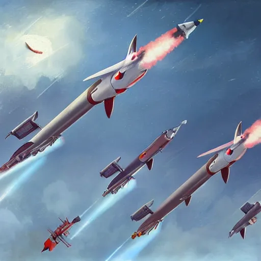 Image similar to a group of rockets taking off in the sky, realistic painting, high definition, digital art, matte painting, very detailed, realistic