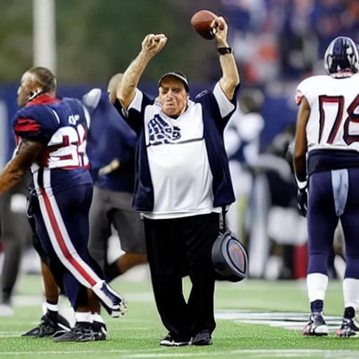 Prompt: Coach Belichick being slightly upset at being covered in spiders