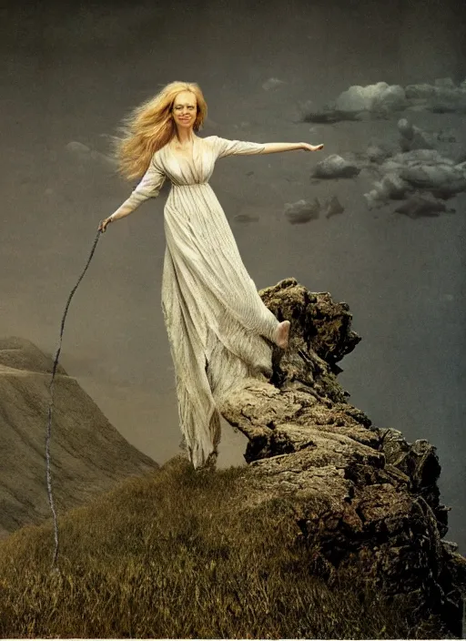 Image similar to close-up portrait action shot of Nicole Kidman hanging from a cliff ridge, Les Edwards, Zdzislaw Beksinski, Carl Gustav Carus, John Harris, Michal Karcz, Zhang Kechun, Mikko Lagerstedt, Scott Listfield, Steven Outram, Jessica Rossier