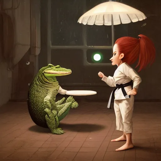 Prompt: a female humanoid carrote in a karate suit having a conversation with a humanoid detective alligator while a half cat half avocado watches painted by stanley lau, greg rutkowski, stanley artgem