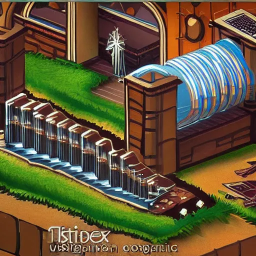 Image similar to isometric pipe organ video game concept art, unique, organic, award winning