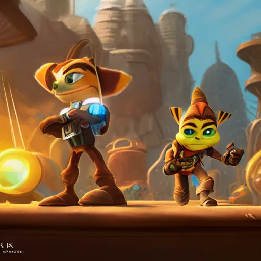 Prompt: ratchet and clank meet mr bean, D&D, fantasy, cinematic lighting, highly detailed, digital painting, artstation, concept art, smooth, sharp focus, illustration, warm light, cozy warm tint, magic the gathering artwork, volumetric lighting, 8k, no gold, no gold colours, art by Akihiko Yoshida, Greg Rutkowski