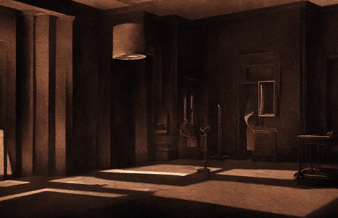 Image similar to virtuoso painting line density is used for rendering light and shadow. time bomb there is no sense of movement intact flawless ambrotype from 4 k criterion collection remastered cinematography gory horror film, ominous lighting, evil theme wow photo realistic postprocessing 8 k hyper real photo imax rectilinear lens building by frank lloyd wright