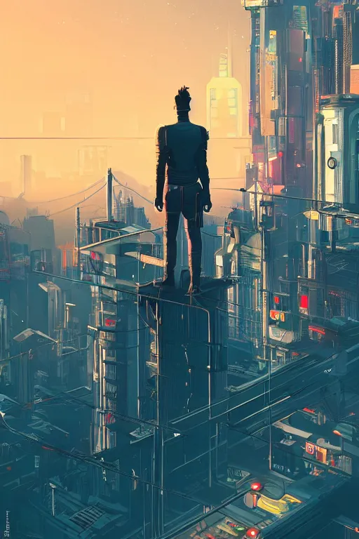 Image similar to a man standing on top of a bridge over a city, cyberpunk art by james gilleard, cgsociety, retrofuturism, synthwave, cityscape, 2 d game art