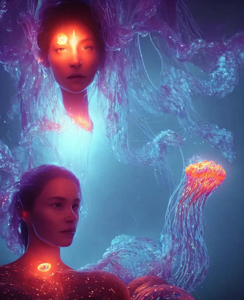Image similar to close-up portrait of a face of beautiful princess floating in ethereum surrounded by floating jellyfish, energy flows of fire and water, flashes of plasma, 3d with depth of field, blurred background, a highly detailed epic cinematic concept art CG render. made in Maya, Blender and Photoshop, octane render, excellent composition, cinematic dystopian brutalist atmosphere, dynamic dramatic cinematic lighting, aesthetic, very inspirational, arthouse. y Greg Rutkowski, Ilya Kuvshinov, WLOP, Stanley Artgerm Lau, Ruan Jia and Fenghua Zhong
