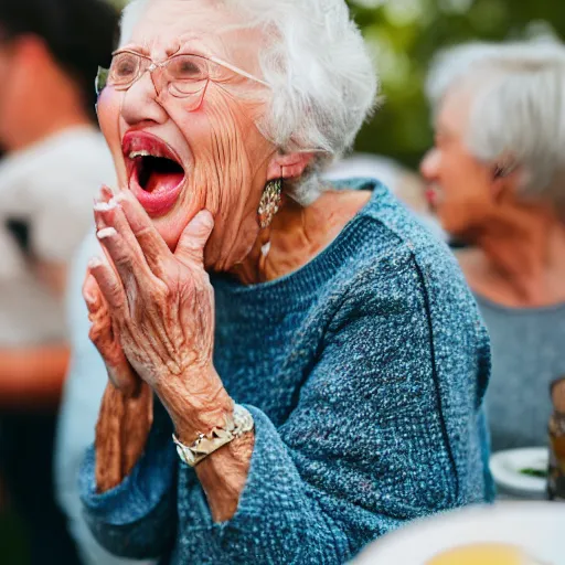 Image similar to elderly woman screaming at a party, canon eos r 3, f / 1. 4, iso 2 0 0, 1 / 1 6 0 s, 8 k, raw, unedited, symmetrical balance, wide angle