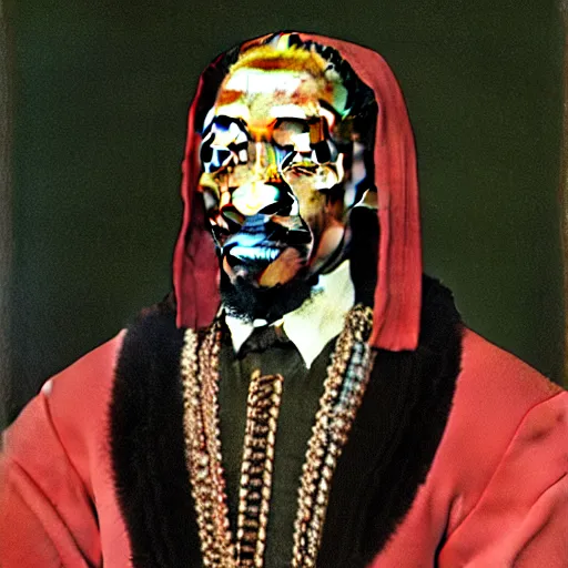 Image similar to a highly detailed portrait of snoop dogg, wearing elegant tudor clothes, inside a room with thick red tapestries, oil painting by hans holbein and alessandro allori and richard burbage