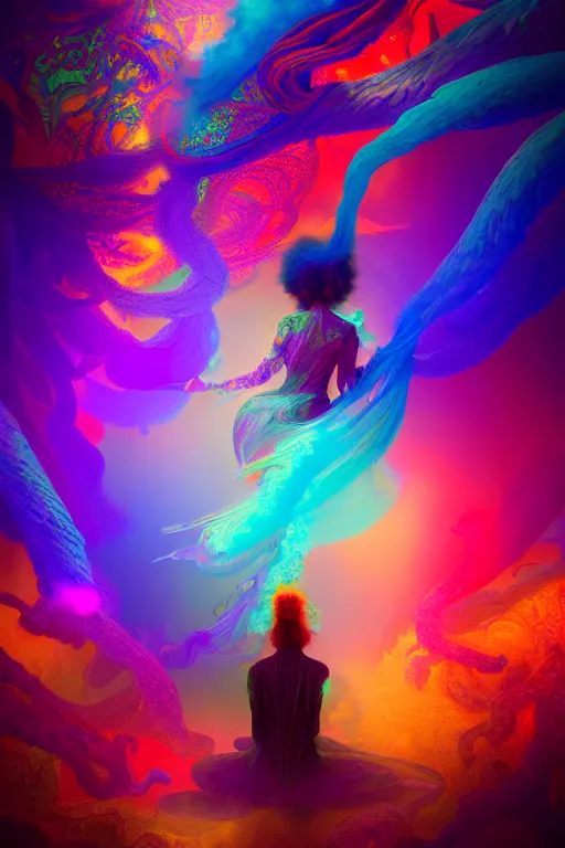 Image similar to colorful smoke forming silhouettes of faces, extremely colorful psychedelic experience, dmt, psilocybin, lsd, intricate, elegant, highly detailed, digital painting, artstation, smooth, sharp focus, illustration, art by krenz cushart, hana yata, octane render, unreal engine, 8 k