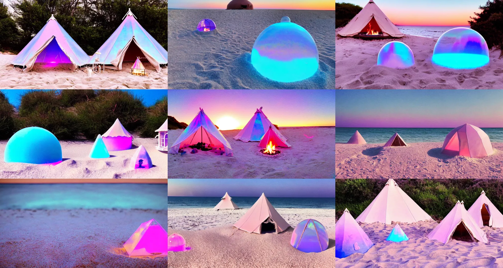 Prompt: a vintage family holiday photo of an empty beach from an alien dreamstate world with chalky pink iridescent!! sand, reflective lavender ocean water and a pale igloo shaped plastic transparent bell tent opposite a fire pit with an iridescence blue flame. refraction, volumetric, light.