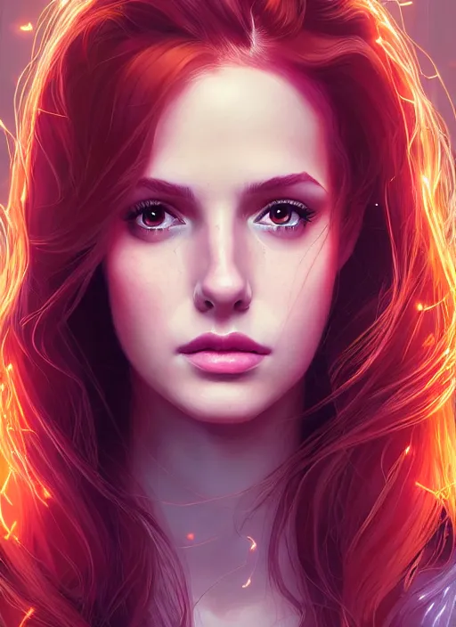 Image similar to portrait of teenage cheryl blossom, bangs and wavy hair, bangs, intricate, elegant, glowing lights, highly detailed, digital painting, artstation, concept art, smooth, sharp focus, illustration, art by wlop, mars ravelo and greg rutkowski