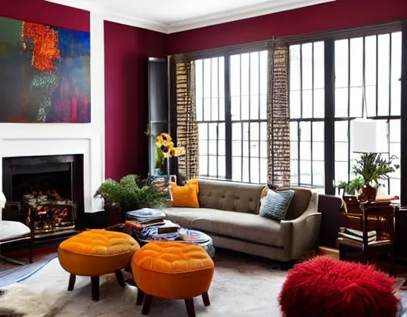 Image similar to apartment designed by nate berkus, rich royal colors