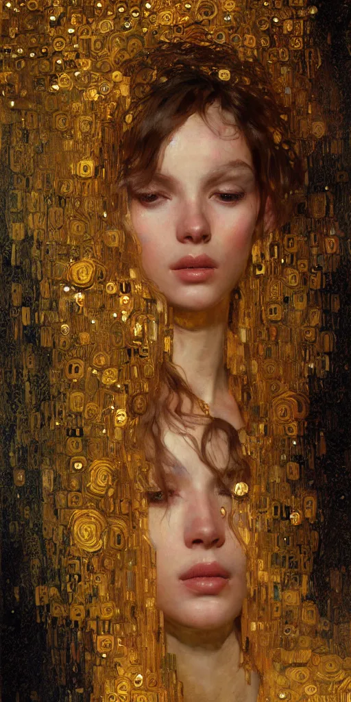 Image similar to an intricate portrait painting of an artistic pose young beautiful elegant angel, klimt golden motives and textures, hyper - detailed, octane render, vivid colors, artstation, by jeremy mann, by gustav klimt