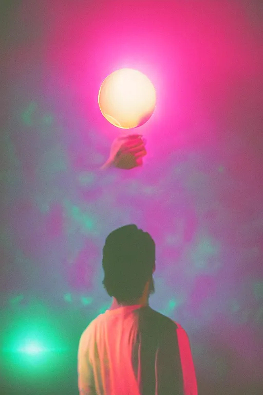 Image similar to agfa vista 4 0 0 photograph of a guy holding a glowing ball of magic, back view, synth vibe, vaporwave colors, lens flare, moody lighting, moody vibe, telephoto, 9 0 s vibe, blurry background, grain, tranquil, calm, faded!,