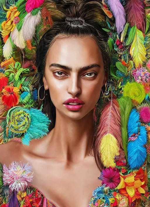 Image similar to beautiful portrait of Irina Shayk wearing fantastic Hand-dyed cotton dress,embellished beaded feather decorative fringe knots ,colorful pigtail,subtropical flowers and plants,symmetrical face,intricate,elegant,highly detailed,8k,digital painting,trending on pinterest,harper's bazaar,concept art, sharp focus, illustration,golden ratio,by artgerm,Tom Bagshaw,Lawrence Alma-Tadema,greg rutkowski