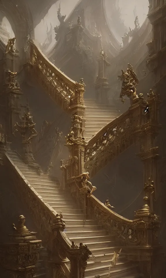 Image similar to straight staircase with ornate statues to heaven, art by greg rutkowski and peter mohrbacher, featured in artstation, octane render, cinematic, elegant, intricate, ultra detailed, rule of thirds, professional lighting, unreal engine, fantasy, concept art, sharp focus, illustration, 8 k