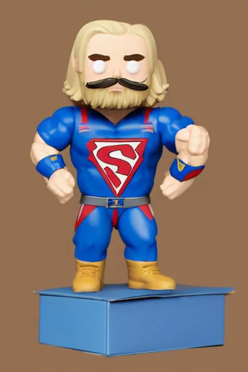 Prompt: a funko figurine of a crossfiter with blond hairs and mustache, blue white red cape in its original box, there is the name BRIANT on the box, space around the illustration, isometric perpective, hyper realistic, mate painting mix rendering