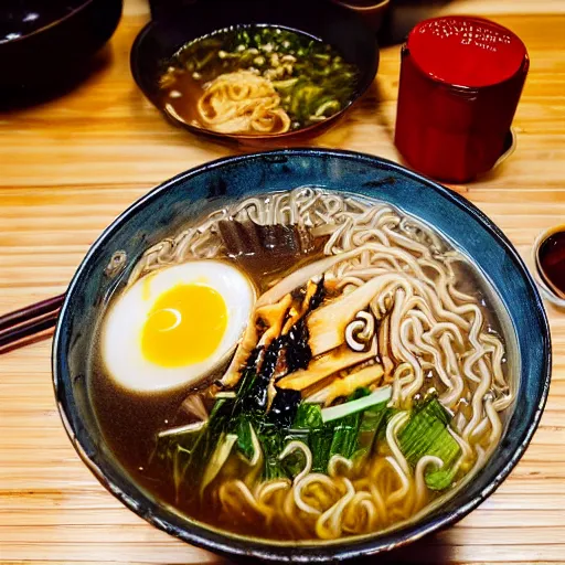 Image similar to a steaming bowl of ramen in a street noodle bar in the rainy city of neotokyo, cyberpunk, futuristic, grungy, hd, 4 k, very detailed, polaroid photograph