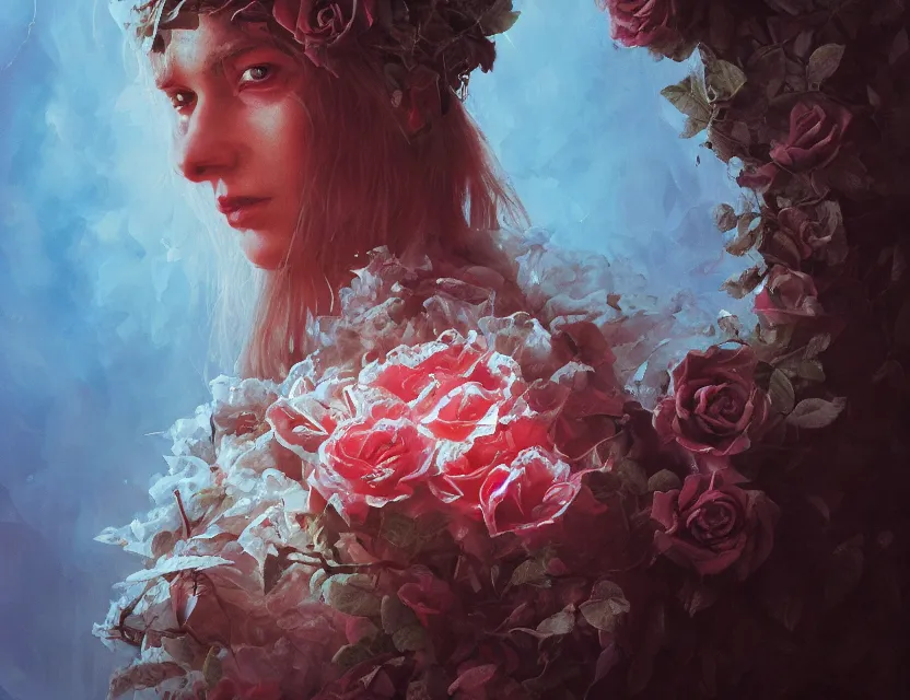 Prompt: priestess of roses, mycelium, tinfoil and cotton wadding. gouache painting by award - winning concept artist. backlighting, chiaroscuro, depth of field.