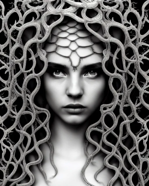 Image similar to surreal mythical dreamy artistic black and white fine art photo of a beautiful young female queen - medusa - cyborg covered with lace fish scales and translucent algae, highly detailed, intricate crystal ivy lace jelly fish scales ornate, poetic, octane render, 8 k, photo - realistic