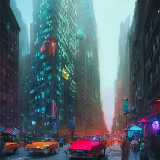 Prompt: a painting of a new york street scene, a detailed matte painting by andreas rocha and greg rutkowski, vibrant colors, night time, midnight, featured on artstation, fantasy art, matte drawing, matte painting, artstation hq