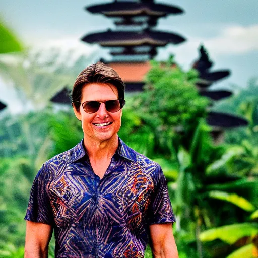 Prompt: a photo of tom cruise wearing batik bali when holiday in bali. blurred temple background. front view. sigma 8 5 mm lens f / 1. 4. award winning photography