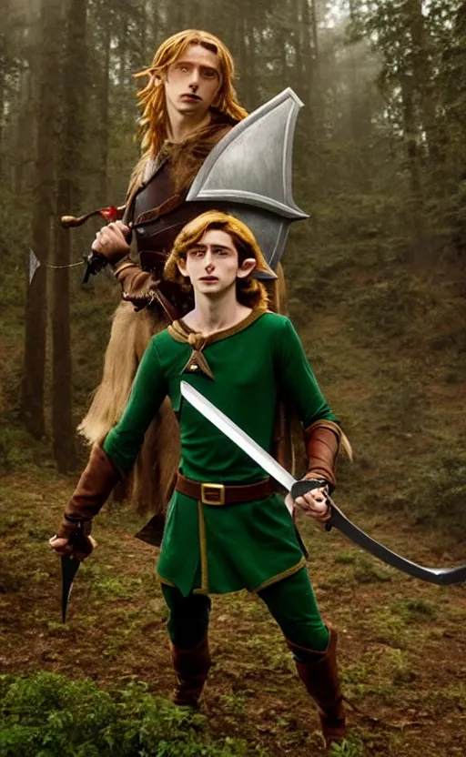 Image similar to epic cinemati shot of Timothee Chalamet starring as Link from Legend of Zelda, 8k movie scene, elf ears, long blonde hair, +++ super super super dynamic posing, super serious facial expression, holding a sword & shield, ocarina of time movie, concept photos, dynamic lighting, dynamic shaders, night time, in the forest, fairy light above