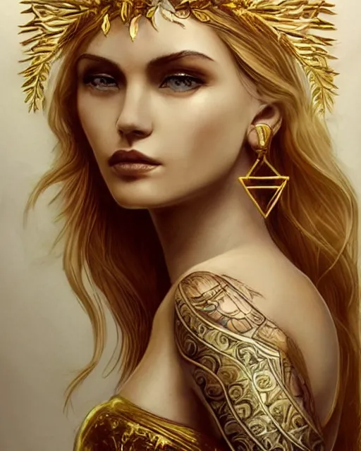 Image similar to tattoo sketch of beautiful super model aphrodite greek goddess wearing a gold laurel wreath and triangle earrings, beautiful piercing gaze with sharp pupils, beautiful blonde hair, in the style of greg rutkowski, fantasy, amazing detail, epic, elegant, smooth, sharp focus, front view