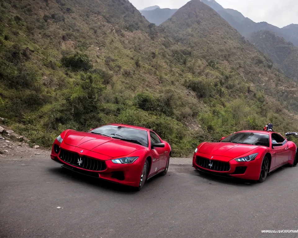 Image similar to maserati drifting in uttrakhand mountains with lamborghini indian police car chasing, cinematic, photography by alexey kurylev, rishikesh, movie, ultra detailed