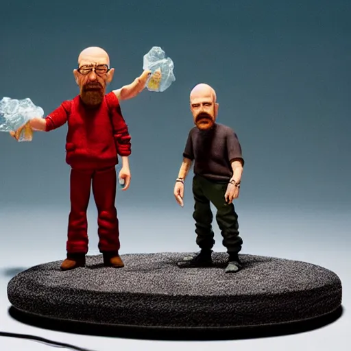 Prompt: two claymation figures of walter white and jesse pinkman, studio lighting
