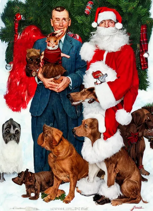 Prompt: a norman rockwell dog family christmas