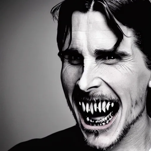 Prompt: uncanny disturbing black and white photo of christian bale with sharp teeth and half of his face missing revealing a bloody skull, missing poster, gory, bloody, scary, realistic
