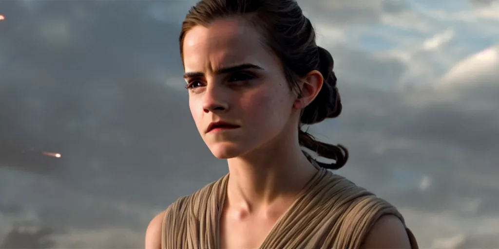 Image similar to emma watson as rey in the new star wars movie, cinematic, detailed