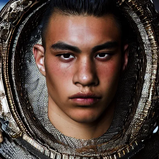 Image similar to a portrait of a beautiful young maori male wearing an alexander mcqueen armor , photographed by andrew thomas huang, artistic