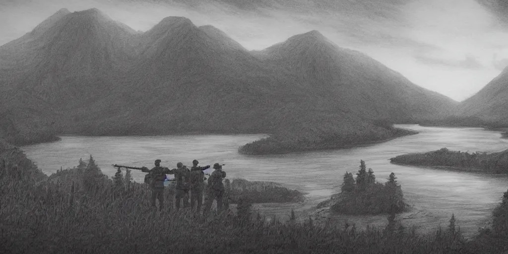 Prompt: A majestic landscape featuring a river, mountains and a forest. There is a group of armed soldiers smoking cigarettes and staring at the sunset. Cinematic, very beautiful, pencil drawing