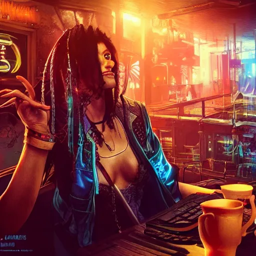 Image similar to a high quality portrait of a beautiful stunning pirate in a cyberpunk cyberpunk cyberpunk cafe, realism, 8k, award winning photo