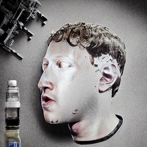 Image similar to a leaking white fluid Mark Zuckerberg cyborg head on the floor. Nostromo Alien movie.