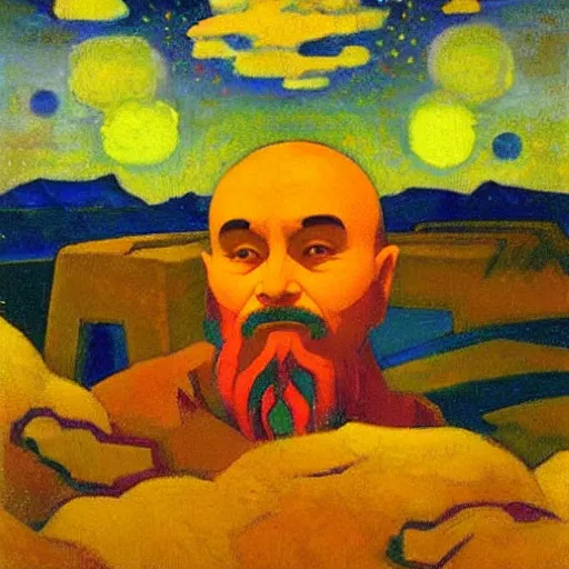 Image similar to Nicholas Roerich oil painting called Dwarf Almighty 1925 bright colors fear and reverence