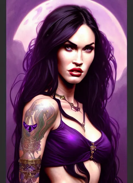 Image similar to portrait of megan fox as a vampire queen, jewelry, greek, purple, intricate, headshot, highly detailed, digital painting, artstation, concept art, sharp focus, cinematic lighting, illustration, art by artgerm and greg rutkowski, alphonse mucha, cgsociety