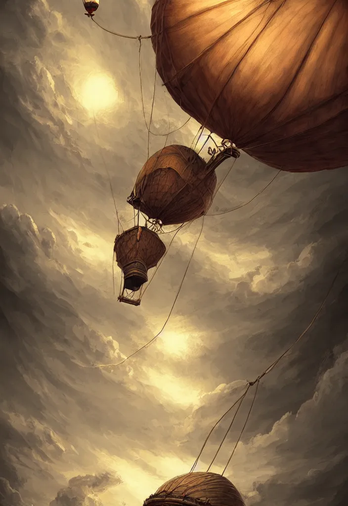 Image similar to old air balloon, epic fantasy, detailed, intricate, digital painting, concept art, realistic, smooth, focus, rim light