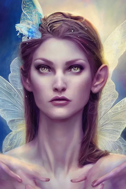 Image similar to stunning illustrated portrait of a beautiful fairy fantasy woman , Scott Gustafson and jeffrey smith and Igor Kieryluk , pixiv, trending on DeviantArt ,character concept, with a beautifully symmetrical face ultra-realistic, cinematic atmosphere, Epic, photorealism presented in artstation hyperrealism, award winning artwork,, high quality print, fine art with subtle redshift rendering