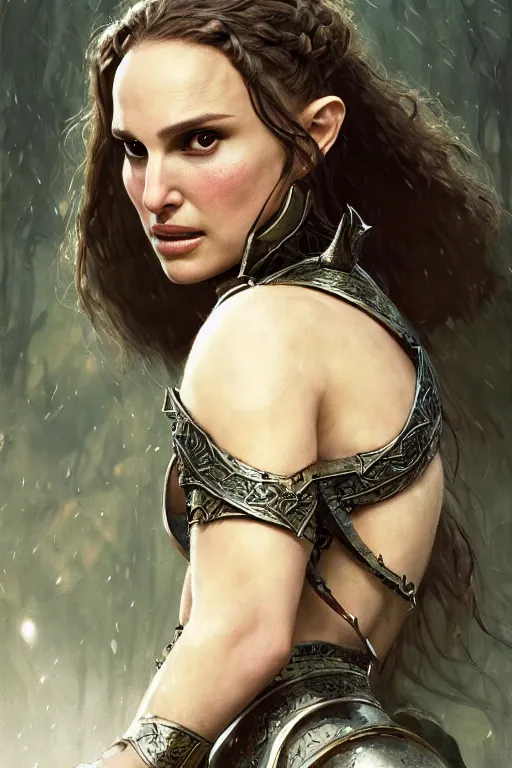 Image similar to natalie portman, legendary warrior, heroic, lord of the rings, tattoos, decorative ornaments, battle armor, by carl spitzweg, ismail inceoglu, vdragan bibin, hans thoma, greg rutkowski, alexandros pyromallis, perfect face, fine details, realistic shading photorealism