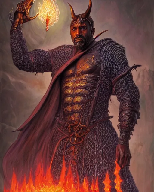 Image similar to detailed portrait of Idris Elba as a horned Tiefling powerful dungeons and dragons warlock, wearing dark robe, intricate, hyper detailed, lovecraftian, realistic, oil painting, by jeff easley, boris vallejo, cinematic lighting